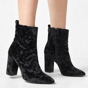 Black Velvet Pointed Toe Ankle Booties Block Heel Side Zip – Women's